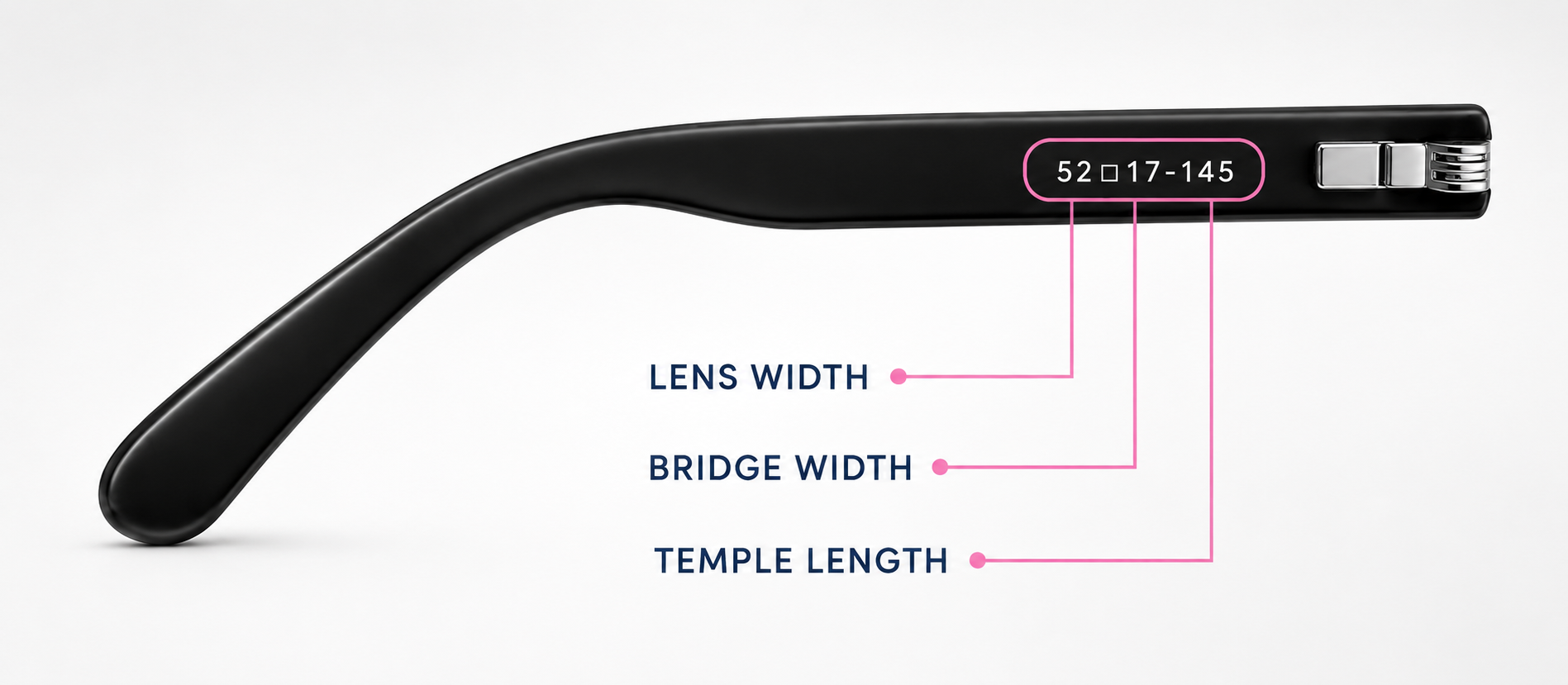 Temple arm showing 52 17 145 marking with labels for lens width, bridge width, and temple length